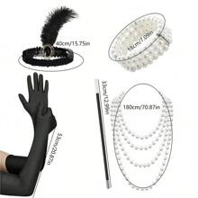 5入組1920年代化妝舞會配件套裝，復古黑色長手套、人造羽毛頭箍、人造珍珠項鍊手鏈組合 - 黑色 - 查看 7