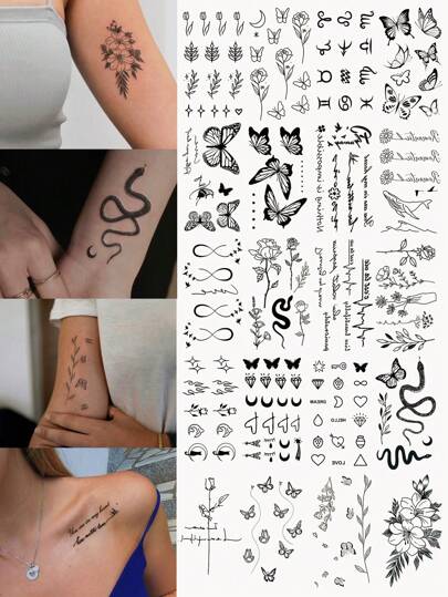 STARTTOOS 20pcs Black Butterfly, Flower, Plant, Snake, Word Pattern Temporary Tattoo Sticker For Fingers, Wrist, Chest, Abdomen, Back And Other Small Body Parts