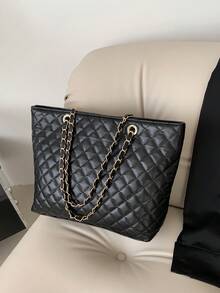 Ladies' Solid Color Embroidery Thread Diamond Pattern Large Capacity Tote Bag, Soft Face, Suitable For Business Trips, Travel, Visiting Friends, Taking Photos, Shoulder Tote Bag Must-Have - Black - View 6