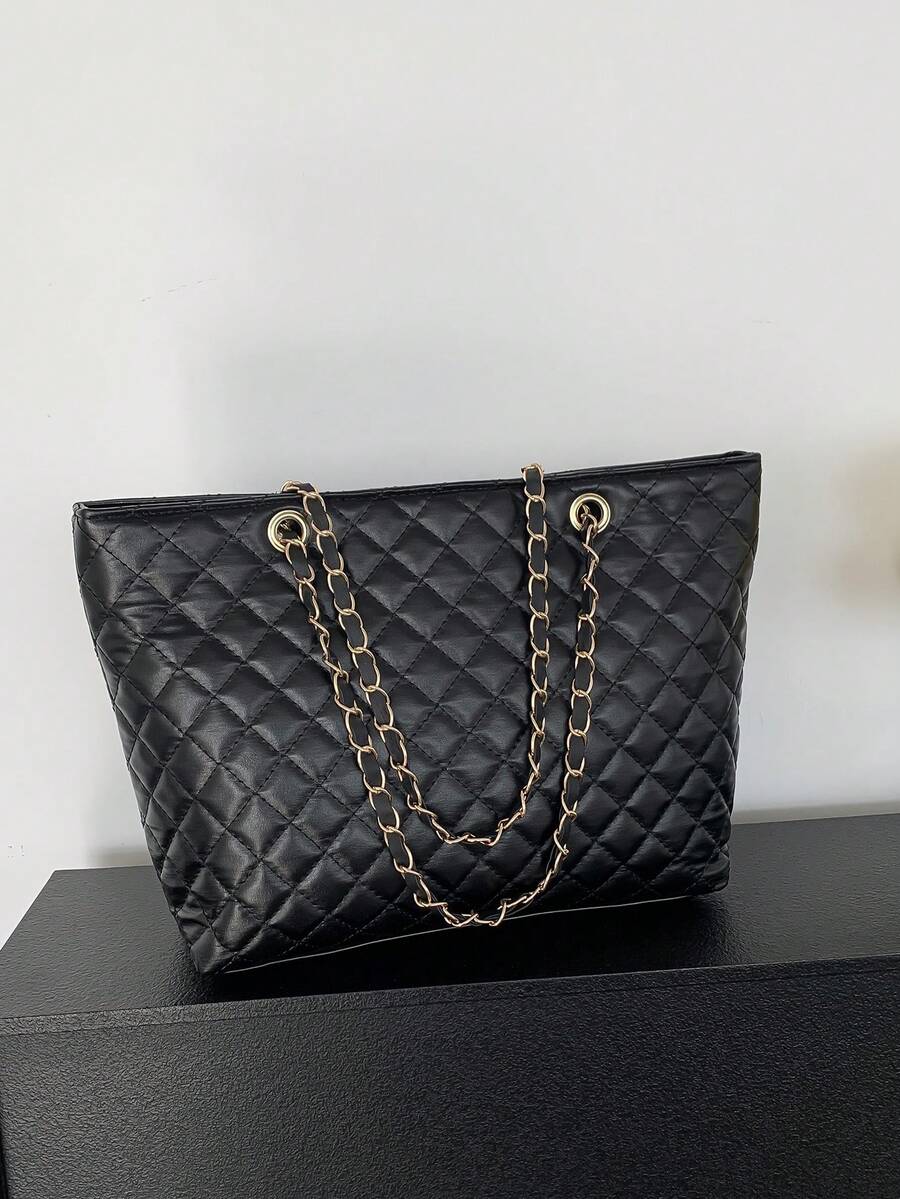 Ladies' Solid Color Embroidery Thread Diamond Pattern Large Capacity Tote Bag, Soft Face, Suitable For Business Trips, Travel, Visiting Friends, Taking Photos, Shoulder Tote Bag Must-Have - Black - View 1