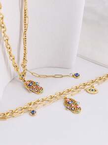 1 Set European & American Style Gold-Plated Stainless Steel Rainbow Drip Oil Eye & Hand Shaped Pendant Tassel Deep Blue Eye Tassel Necklace Double Layer Bracelet Women's Unique Design - Gold - View 7