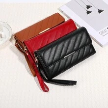 長款女士手拿包,帶拉鍊和扣環閉合方式,多功能信用卡夾皮革錢包 - 紅色 - 查看 2