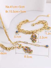 1 Set European & American Style Gold-Plated Stainless Steel Rainbow Drip Oil Eye & Hand Shaped Pendant Tassel Deep Blue Eye Tassel Necklace Double Layer Bracelet Women's Unique Design - Gold - View 5
