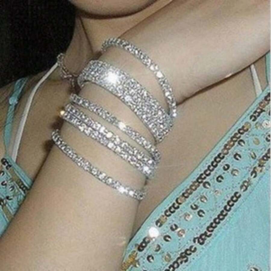 1pc Minimalistic Full Rhinestone Single Strand Elastic Bracelet, Shiny Celebrity Style Jewelry Set - Silver - View 1