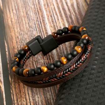 Retro Men's Braided Natural Obsidian Bracelet, Beaded Tiger Eye Leather Braided Stacking Multilayer Bracelet