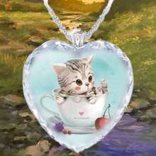 1件装 时尚个性化双猫水晶系列心形可爱猫咪印花杯形吊坠项链（女士款） - 銀色 - 查看 1