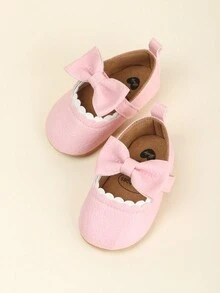 1pair Girls' PU Bowknot Hook-And-Loop Flat Cute Shoes, Anti-Slip & Breathable Walking Shoes, Suitable For Spring And Autumn, 0-18 Months - Pink - View 4