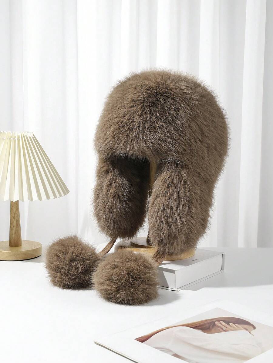 1pc Fluffy Bucket Hat And Faux Mink Fluffy Thickened Fashionable High-End Gift Hat - Camel - View 1