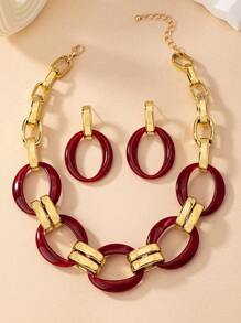 1套流行誇張的樹脂亞克力鏈,搭配各種服飾的彩色頸鏈和耳環組,適用於女性約會、派對、宴會和日常生活佩戴 - 酒紅色 - 查看 6