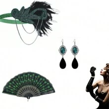 3 件 1920 年代风格配饰女式盖茨比服装复古音符镶嵌水钻链头饰扇形耳坠 - 綠色 - 查看 1