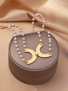 1pair Fashionable Asymmetric Beaded & Pearl Stud Earrings For Women - Yellow Gold - View 3