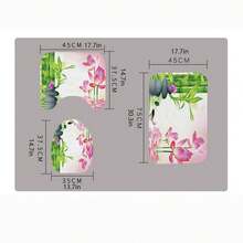 3pcs/Set Tulip Flower Digital Printed Bathroom Set, Including Shower Curtain, Flannel Surface Mat And Toilet Lid Cover With Non-Slip Bottom - Grey - View 2