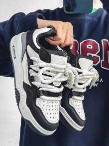 2023新款男運動鞋,透氣時尚厚底運動休閒鞋 - 黑與白 - 查看 6