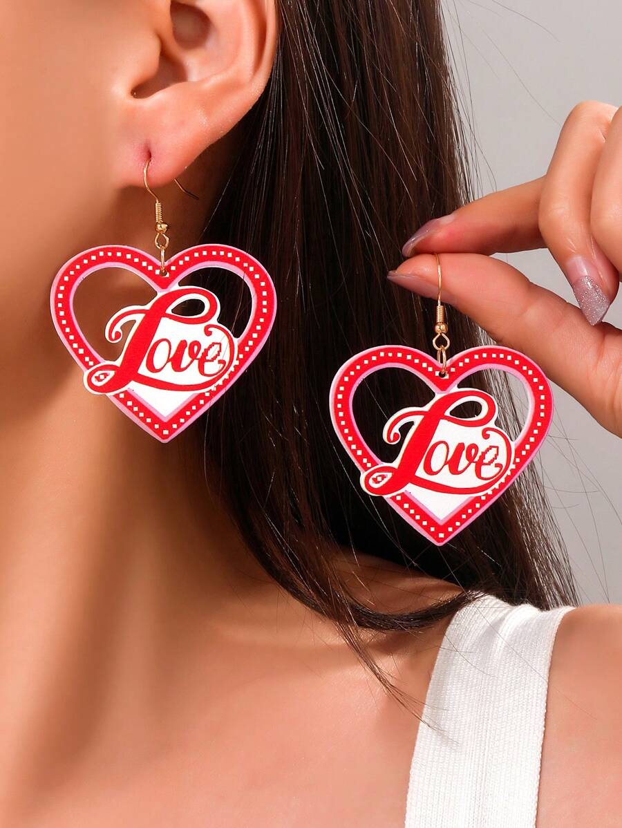 1對歐美風情跨界情人節心形英文字母吊墜耳環,時尚創意設計感個性化耳飾 - 彩色 - 查看 1