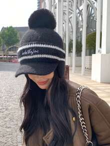 1pc Women's Fashionable Black Ear Flap Baseball Cap With English Embroidery, Winter Knitted Cap For Street Wear And Daily Use - Black - View 6