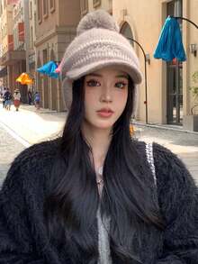 1pc Women's Fashionable Black Ear Flap Baseball Cap With English Embroidery, Winter Knitted Cap For Street Wear And Daily Use - Black - View 8
