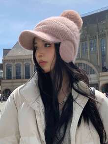 1pc Women's Fashionable Black Ear Flap Baseball Cap With English Embroidery, Winter Knitted Cap For Street Wear And Daily Use - Black - View 5