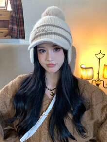 1pc Women's Fashionable Black Ear Flap Baseball Cap With English Embroidery, Winter Knitted Cap For Street Wear And Daily Use - Black - View 10