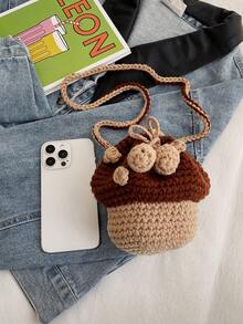 編織的蘑菇形手提袋,手工鉤編的小型零錢包,耳機袋,女士斜跨肩背包,迷你包 - 棕色 - 查看 7