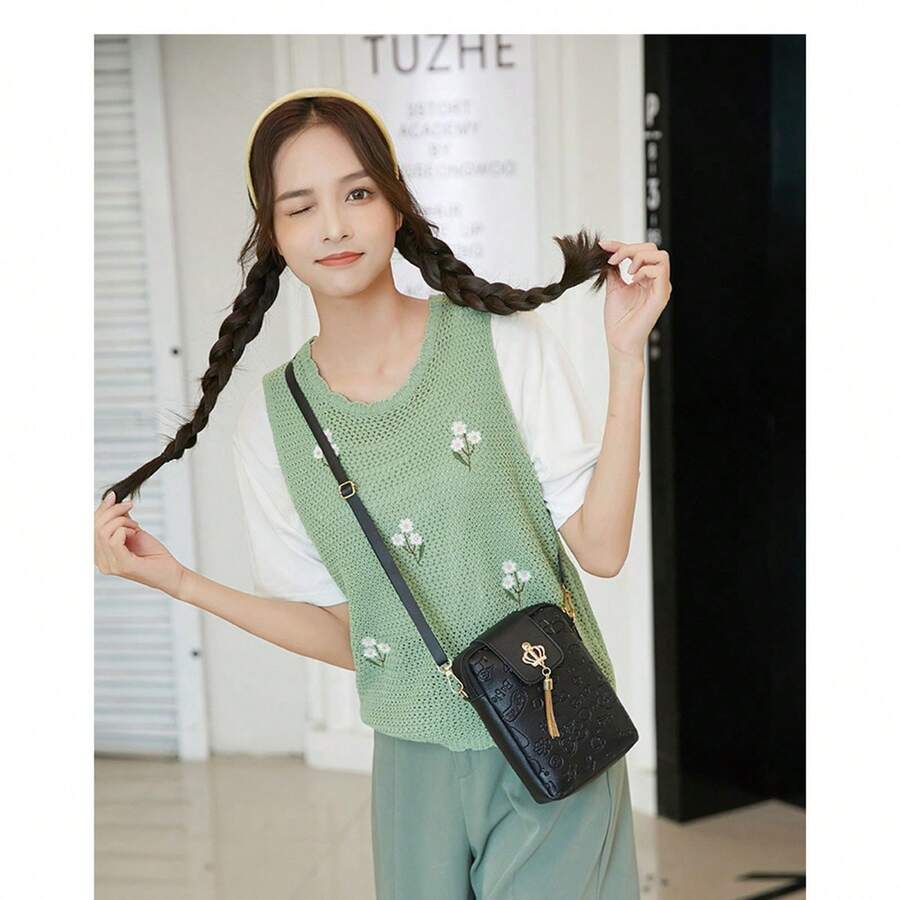 1pc Fresh & Sweet Style Embossed Crossbody Bag For Casual Wear - Black - View 1