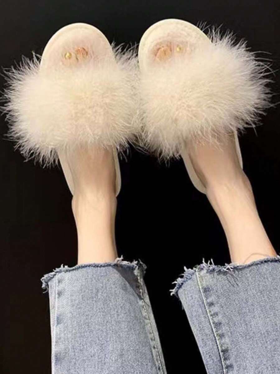 女士秋冬季毛绒拖鞋新款平底拖鞋高档女士百搭拖鞋 - 米色 - 查看 1