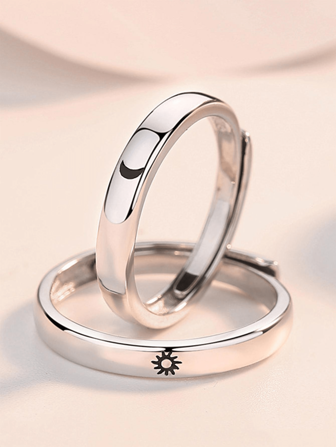 2入組簡約風日月設計紅銅情侶戒指,可調開口