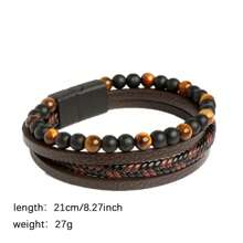 復古男士編織天然黑曜石手鍊,串珠虎眼皮革編織堆疊多層手鍊 - 咖啡棕 - 查看 4