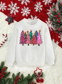 Tween Girl Fashionable & Cute Printed Round Neck Sweatshirt For Casual Streetwear, Autumn And Winter - White - View 1