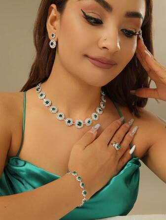 1set Fashionable Copper Material Rhinestone Decor Circular Chain Necklace, 1pc Earring, 1pair Bracelet, 1pc Ring