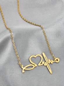 1件简约个性化不锈钢听诊器项链，适合女性医生和护士佩戴，带有心电图心跳图案吊坠 - 銀色 - 查看 3