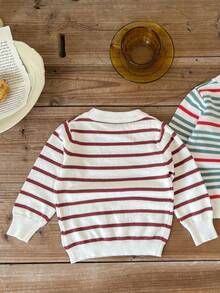 女宝宝春秋款撞色领条纹毛衣 - 咖啡棕 - 查看 2