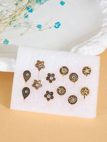 1盒12个装多图案铜合金尖钻个性化复古风格无穿孔女士鼻钉鼻环 - 金黃色 - 查看 4