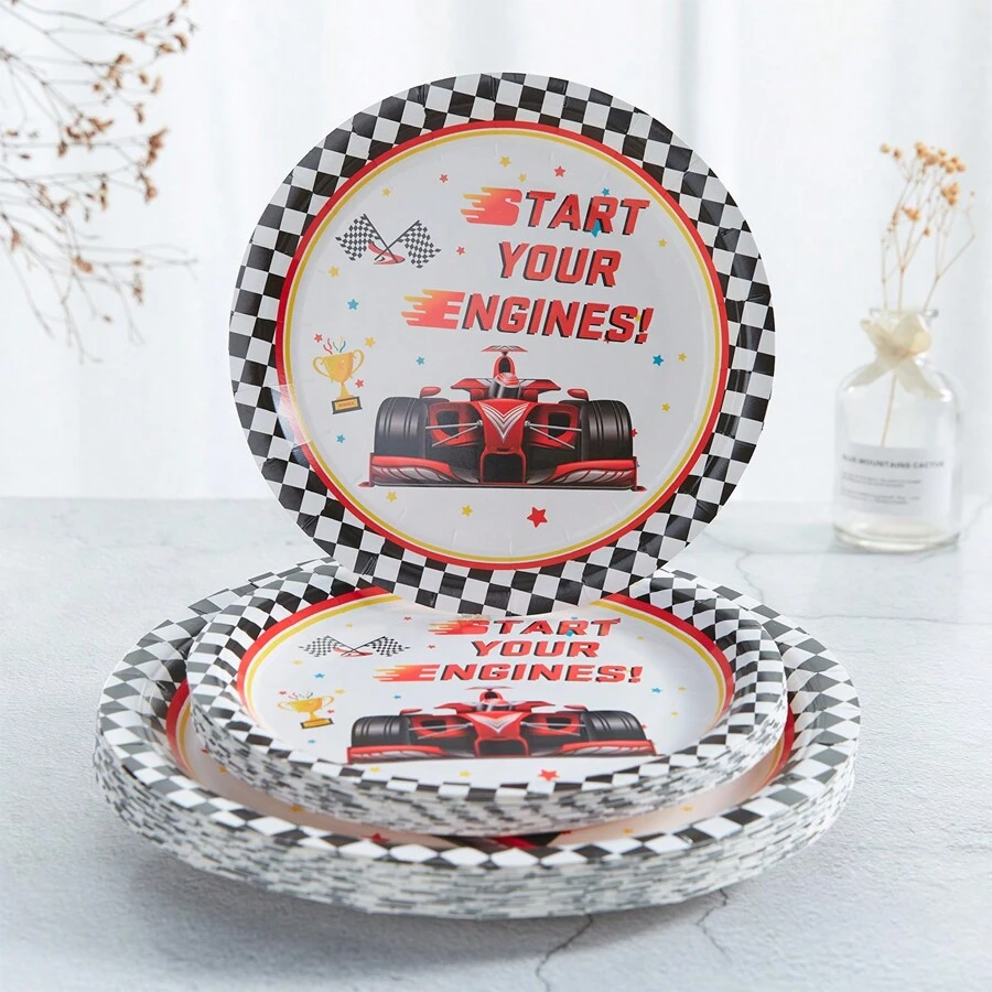 Juego de 10 piezas de platos desechables de cena con temática de carreras de 7/9 pulgadas, vajilla de fiesta, platos de papel desechables con decoración de autos de carreras, decoración de carreras y platos y servilletas a cuadros para fiesta de cumpleaños, Navidad - Multicolor - Ver 1