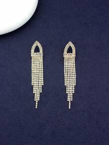 歐美風格跨國三角流蘇設計女士耳環鑲方晶鋯石,鏤空,優雅別緻,奢華時尚感 - 金色 - 查看 3