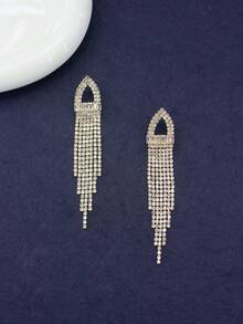 歐美風格跨國三角流蘇設計女士耳環鑲方晶鋯石,鏤空,優雅別緻,奢華時尚感 - 金色 - 查看 4