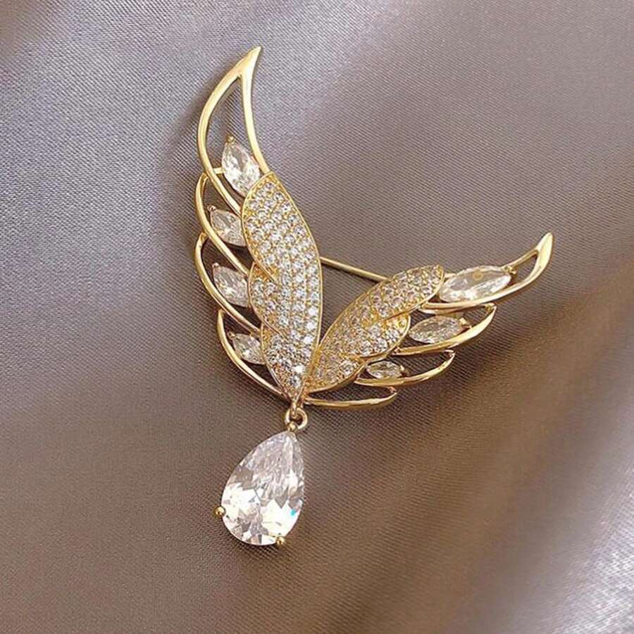 Wings Water Drop Glitter Diamond Brooch Light Luxury Niche High-End Fashion Anti-Exposure Buckle Korean Version Internet Celebrity Fixed Clothes Corsage 1pc - Gold - View 1