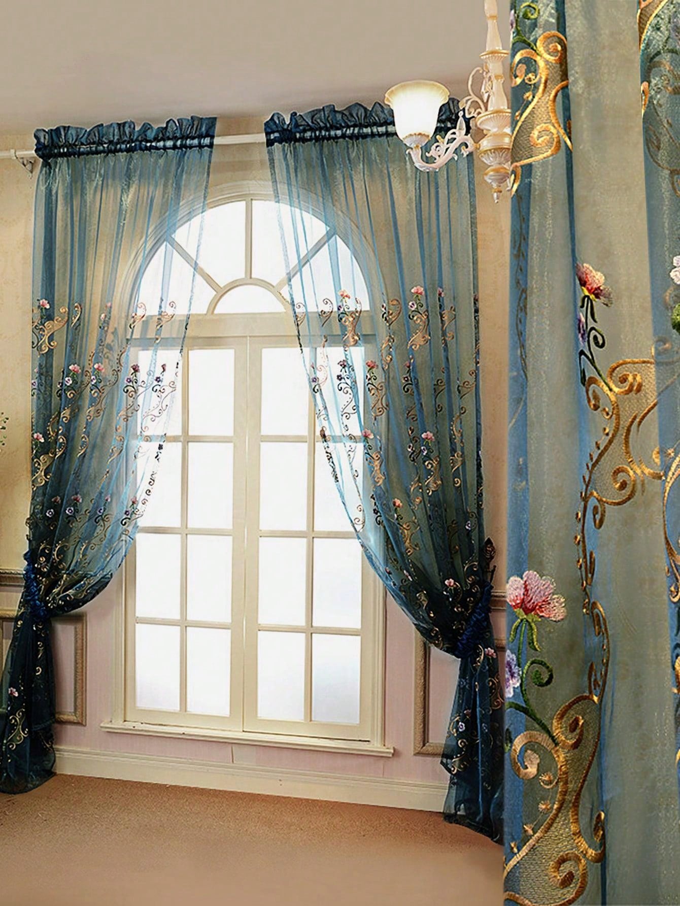 1pc Blue Exquisite Embroidered Sheer Curtain, European Luxury Style