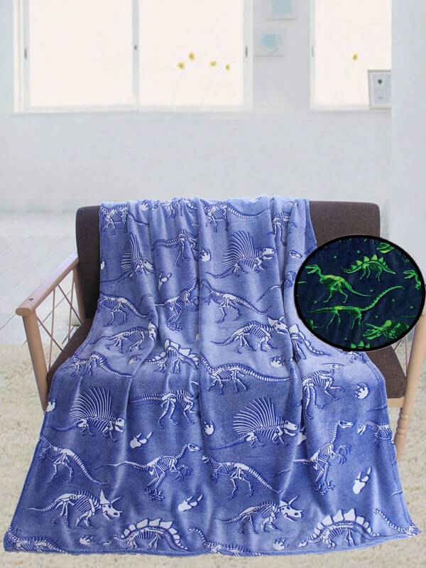 Flannel Night Glow Blanket, Dinosaur Fossil Bones Design. Suitable For Birthday Gift, Beach Towel, Graduation Season.