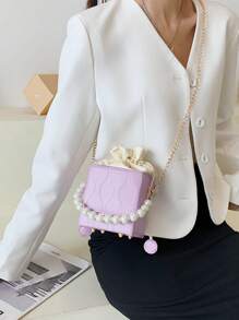 Mini Ruched Drawstring Box Pouch, Fashionable Drawstring Closure Handbag , Purple - Purple - View 6