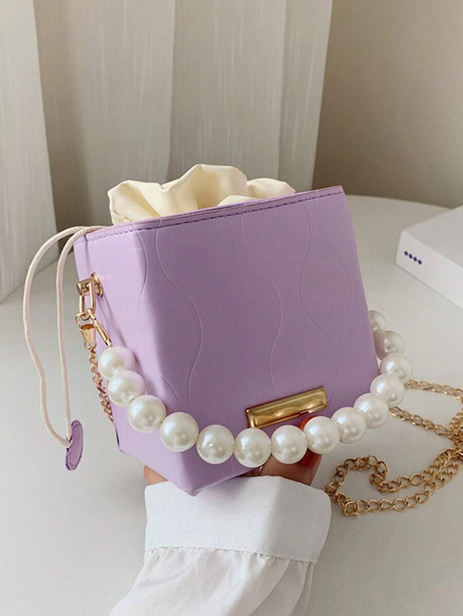 Mini Ruched Drawstring Box Pouch, Fashionable Drawstring Closure Handbag , Purple