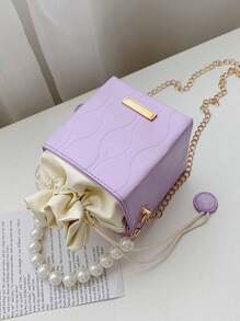 Mini Ruched Drawstring Box Pouch, Fashionable Drawstring Closure Handbag , Purple - Purple - View 5