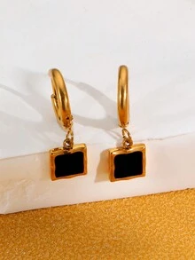 1pair Simple & Personalized Stainless Steel 18k Gold Plated Geometric Cube Pendant Decor Earrings Suitable For Women's Parties, Vacations, Parties And Daily Wear - Multicolor - View 2