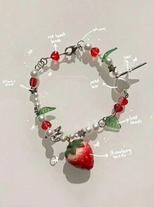 1 件情人节礼物多巴胺分子设计玻璃心形星串珠草莓手链，独特手工甜美可调节水晶链，适合日常服装情人节、妈妈、母亲、母亲节、礼物 - 彩色 - 查看 1