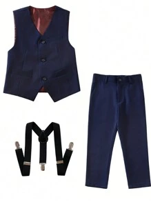 Tween Boys Suits 3-Pieces Suit Set Toddler Tuxedos Dresswear Ring Bearer Outfit Wedding Vest Pants Straps Formal Suits For Kids Navy Blue Size 4-16Y - Navy Blue - View 1