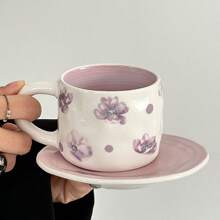 1 Conjunto Xícara De Chá E Pires De 250ml Retrô Pintados À Mão De Violeta Para Chá Da Tarde, Café E Presente Criativo