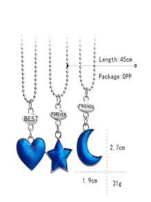 3pcs Fashionable Metallic Moon Star Heart Best Friend Pendant Necklace Set - Stars Moon Love - View 2