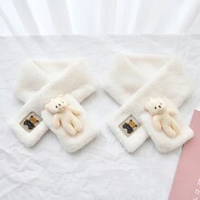 1 件冬季保暖純色人造兔毛圍巾熊設計圍巾頸部保暖適合戶外活動 - 白色 - 查看 6