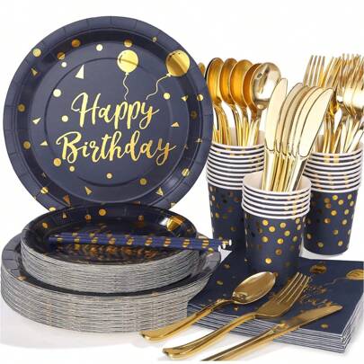 84pcs Golden Birthday Party Supplies Set, Birthday-Stamped Disposable Dinner Plates, 7/9 Inch Deep Blue With Gold Birthday Party Plates, Golden-Stamped Disposable Paper Plates, Cups And Napkins, Suitable For Birthday Party Decorations