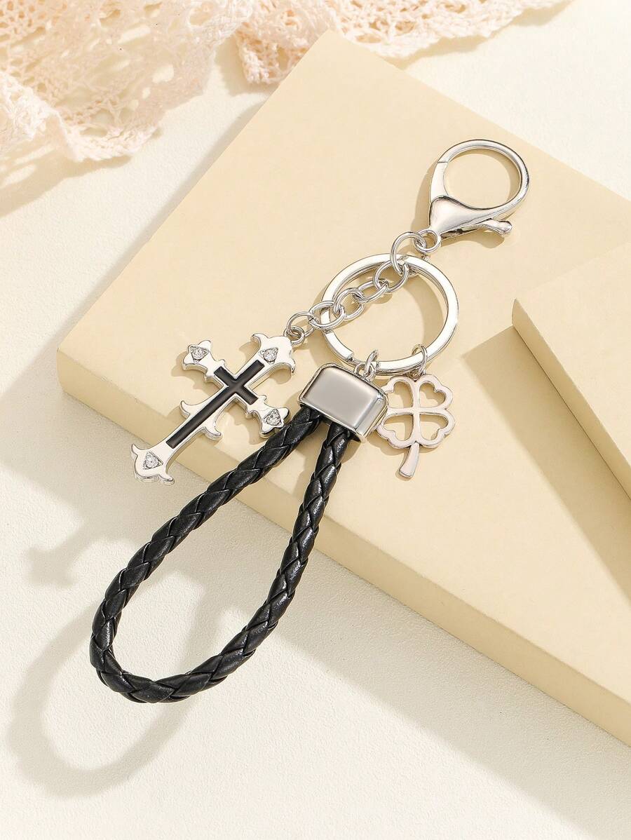 1pc Vintage Cool Oil Drop Cross Keychain, Handmade Braided Leather Key Ring Decoration - Multicolor - View 1