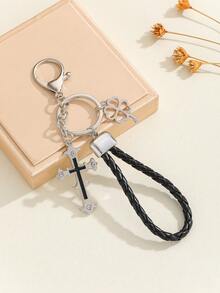1pc Vintage Cool Oil Drop Cross Keychain, Handmade Braided Leather Key Ring Decoration - Multicolor - View 4